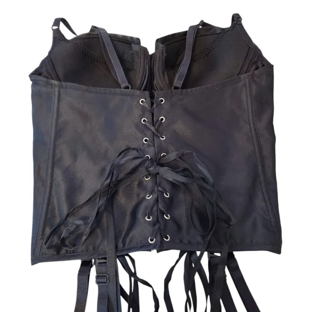 VTG Black Satin Shirley‎ Of Hollywood Lace Up Corset with Garters 38B-D
